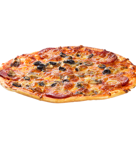 Pizza With Salami Black Olives And Mushrooms